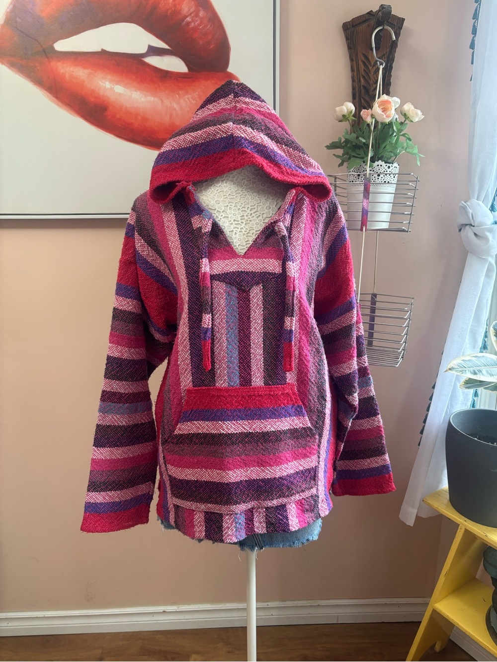 Vintage Striped Hooded Pullover - Pink & Purple